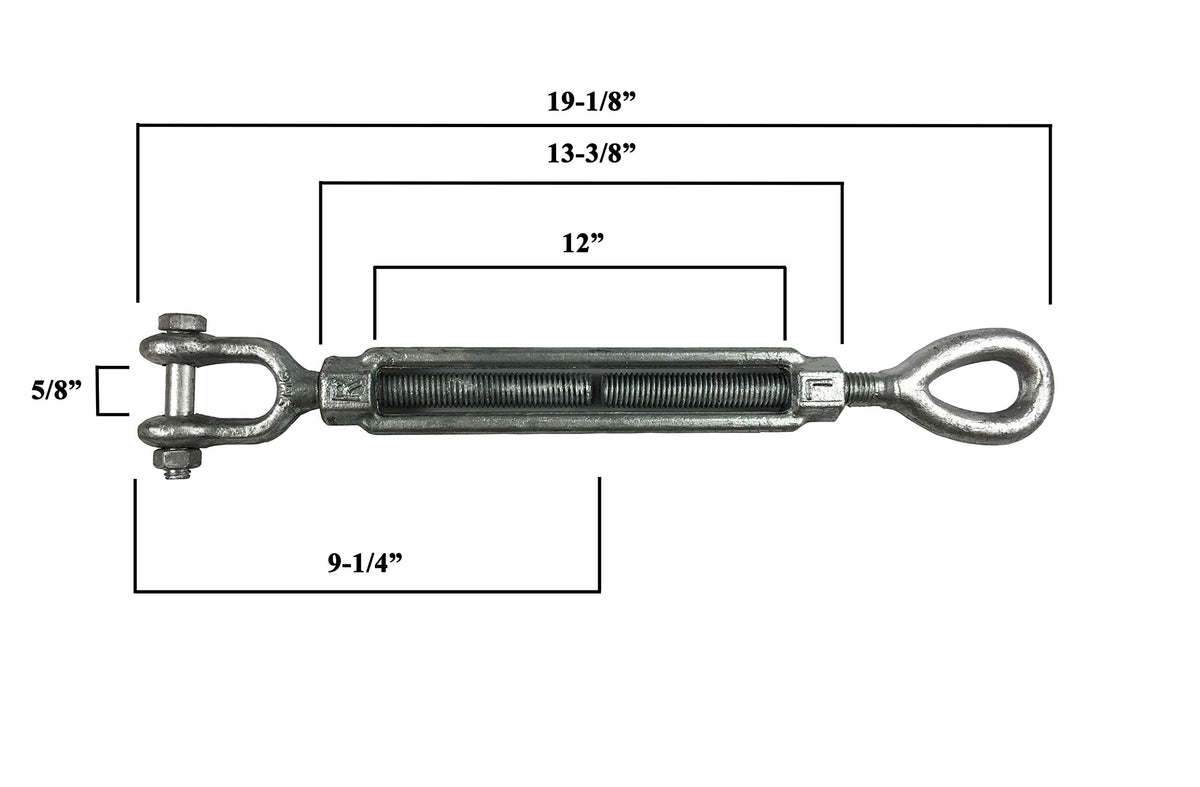 1/2 X 12 Inch Galvanized Turnbuckle - Jaw & Jaw Design 2200 Lbs Load Capacity