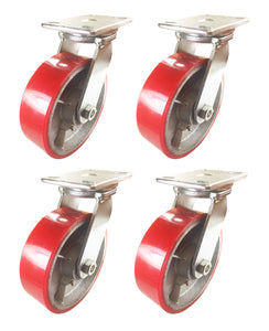 8" x 2 1/2" Red Polyurethane on Cast Iron Casters -  4 Swivels