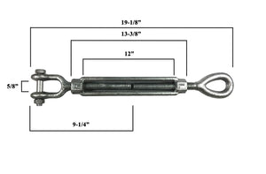 1/2" x 12" Eye/Jaw Turnbuckles for Wire Rope Cable - 2 ea