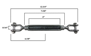 1/2" x 6" Jaw/Jaw Turnbuckles for Wire Rope Cable - 1 ea