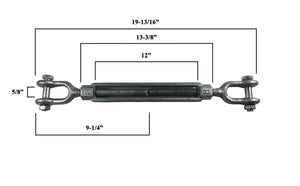 1/2" x 12" Jaw/Jaw Turnbuckles for Wire Rope Cable - 10 ea