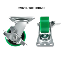 Heavy Duty Caster 4" x 2" Green Polyurethane on Cast Iron Wheel - Swivel with Brake