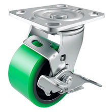 Heavy Duty Caster 4" x 2" Green Polyurethane on Cast Iron Wheel - Swivel with Brake