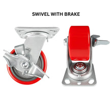 Heavy Duty Caster 4" x 2" Red Polyurethane on Cast Iron Wheel - Swivel with Brake