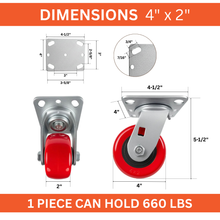 Heavy Duty Caster 4" x 2" Polyurethane on Plastic Wheel - Swivel with Brake