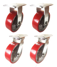 8" x 2" Red Polyurethane on Cast Iron Casters -  2 Rigids and 2 Swivels