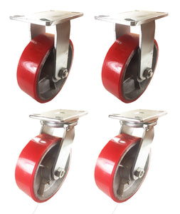 8" x 2" Red Polyurethane on Cast Iron Casters -  2 Rigids and 2 Swivels