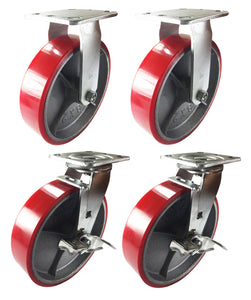 8" x 2" Red Polyurethane on Cast Iron Casters - 2 RIgid and 2 Swivel with Brake