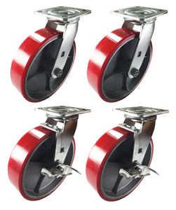 8" x 2" Red Polyurethane on Cast Iron Casters-2 Swivels and 2 Swivel with Brake