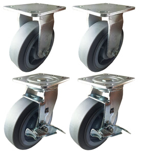 6" x 2" Heavy Duty Non-Marking Rubber Wheel Caster 2 Rigids & 2 Swivels w/ Brake