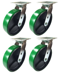 8" x 2" Green Polyurethane on Cast Iron Casters -  4 Swivels