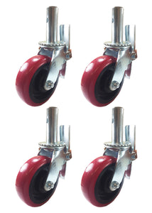 4 pcs Scaffold Caster 6" x 2" Red PU Wheel Locking Brake 1-3/8" Stem 3600 lbs.