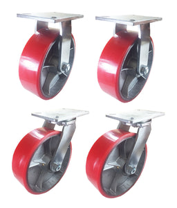 10" x 3" Red Polyurethane on Cast Iron Casters -  2 Rigids 2 Swivels