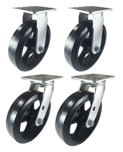8" x 2" Heavy Duty "Rubber on Cast Iron" Caster - 2 Swivels  and 2 Rigids
