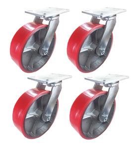 10" x 3" Red Polyurethane on Cast Iron Casters -  4 Swivels