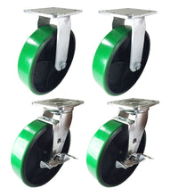 8" x 2" Green Polyurethane on Cast Iron Casters -  2 Rigids & 2 Swivels w/ Brake