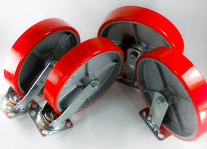 10" x 2" Red Polyurethane on Cast Iron Casters - 2 Rigids & 2 Swivels