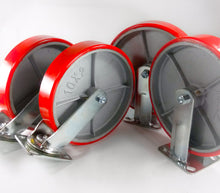 10" x 2" Red Polyurethane on Cast Iron Casters - 2 Rigids & 2 Swivels