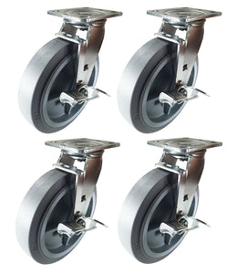 8" x 2" Non-Marking Rubber Tread Plastic Core Caster(Flat)- 4 Swivels w/ Brake F