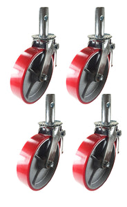 4 pcs Scaffold Caster 8" x 2" Red Wheels w/ Locking Brakes 1-3/8" Stem 3200 lbs.