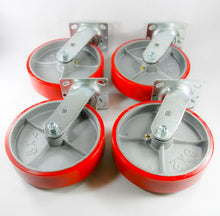 8" x 2" Red Polyurethane on Cast Iron Casters -  4 Swivels