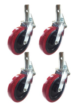 4 pcs Scaffold Caster 8" x 2" Red PU Wheel Locking Brake 1-3/8" Stem 3800 lbs.